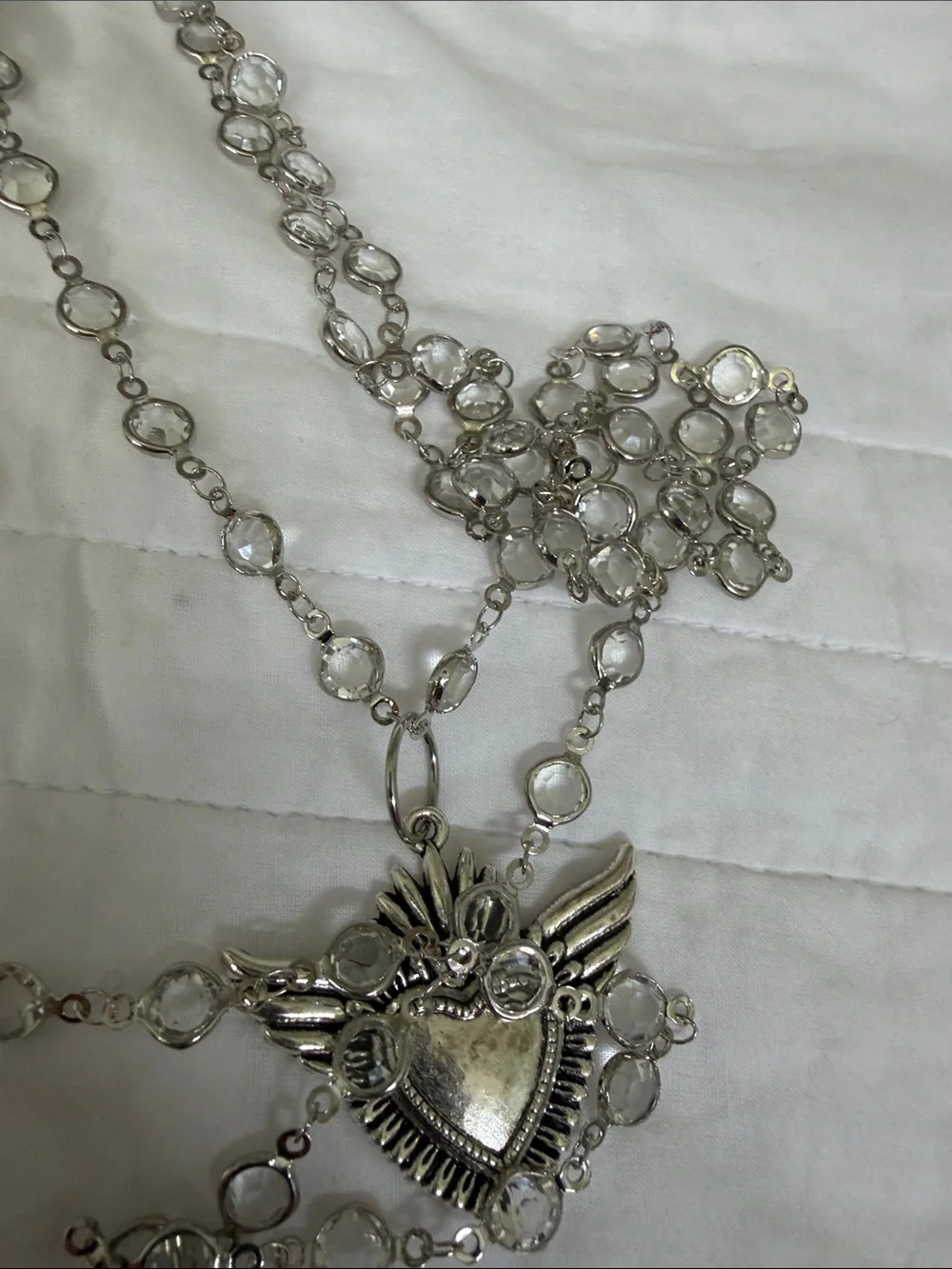 Silver winged Heart Necklace - Women's Silver & rhinestone Magnetic clasp